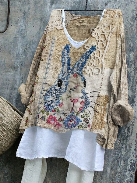 

Women Easter (rabbit) V Neck Long Sleeve Blouse Printing Casual Daily Spring/Fall Top, As picture, Blouses
