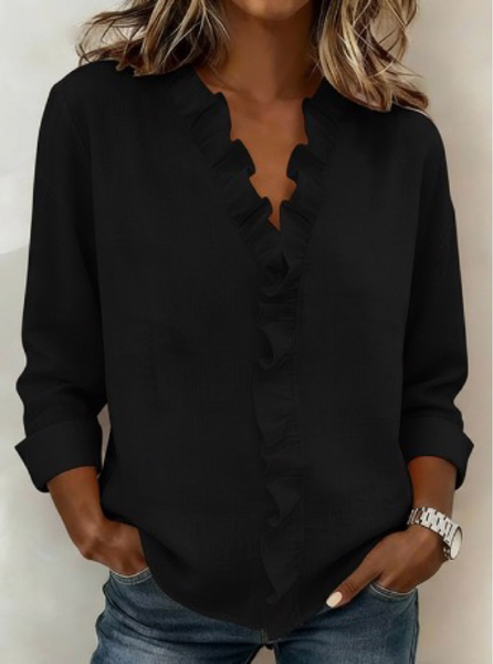 

V Neck Long Sleeve Plain Regular Regular Fit Shirt For Women, Black, Shirts