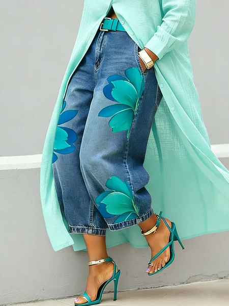 

Casual Zipper Loose Bloomers Ankle Pants O-Line Daily Trousers, Cyan, Jeans