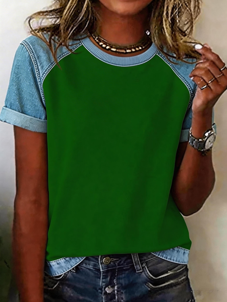 Casual Contrast Stitching Crew Neck Short Sleeve T-shirt