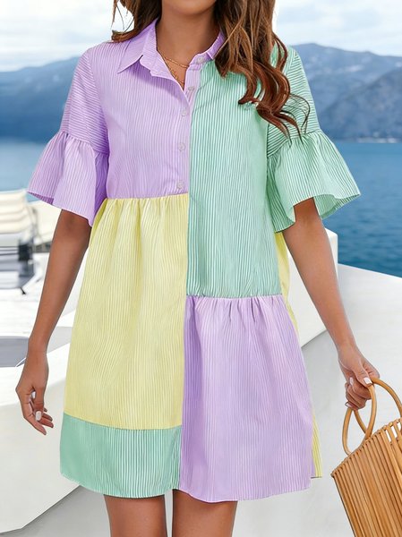 Women Striped Summer Dress Shawl Collar Short Sleeve Fit & Flare Dress A-Line Dress