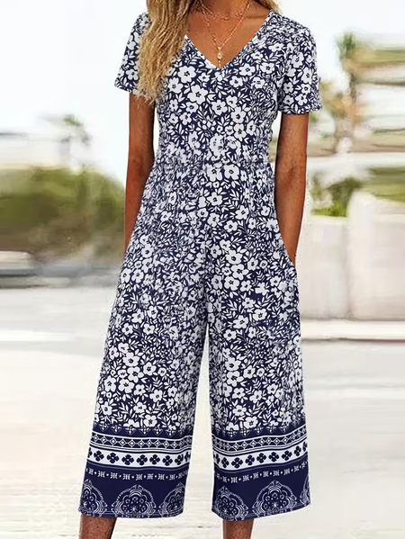 

Women Floral V Neck Half Sleeve Casual Summer Jumpsuit, Navyblue, Jumpsuits&Rompers