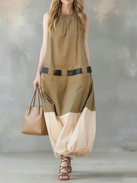 

Casual Color Block Crew Neck Maxi Dress, As picture, Maxi Dresses