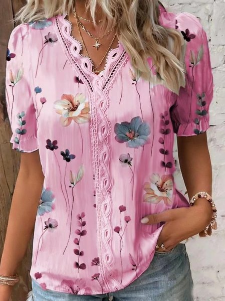 

V Neck Short Sleeve Floral Regular Regular Fit Blouse For Women, Pink, Blouses