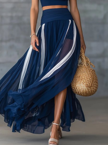 

Elegant Pleated Color Block Maxi Skirt, Blue, Skirts