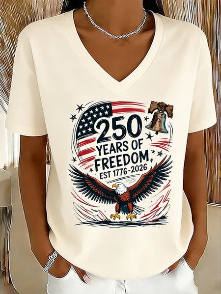 

Elegant Text Letters V Neck Short Sleeve T-shirt, Apricot, T-shirts