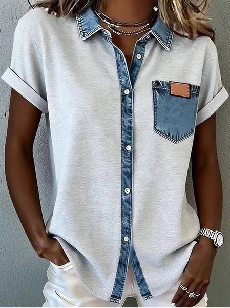 Shawl Collar Short Sleeve Plain Regular Micro-Elasticity Loose Shirt For Women