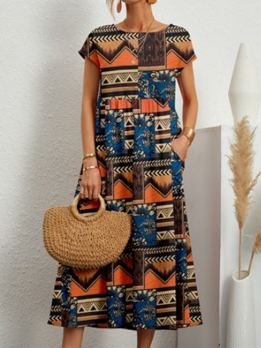 Women Geometric Summer Printing Dress Crew Neck Short Sleeve Tank A-Line Dress