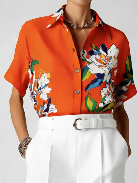 

Vacation Floral Shirt Collar Shirt, As picture, Blouses and Shirts