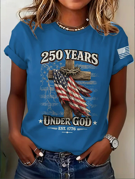 

Casual Text Letters Crew Neck Short Sleeve T-shirt, Blue, T-shirts