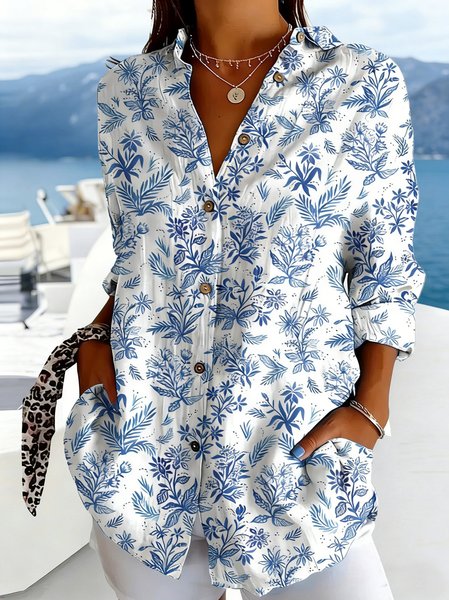 

Shawl Collar Long Sleeve 3D Printing Regular Loose Shirt For Women, Blue, Shirts