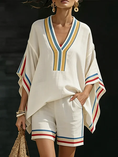 

Casual Striped Printing V Neck Raglan Sleeves Blouse, As picture, Blouses and Shirts