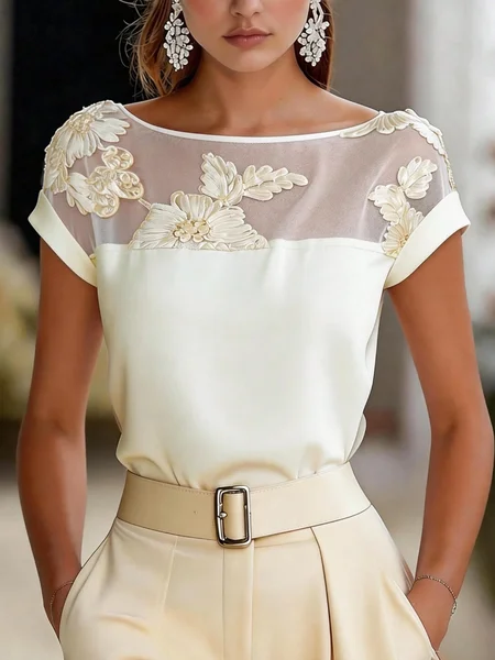 Satin Elegant Plain Crew Neck Mesh Patchwork Blouse