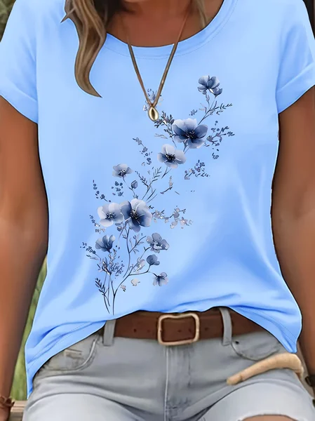

Women Floral Short Sleeve Tee T-shirt Crew Neck Printing Casual Graphic Tee Summer Top, Blue, T-Shirts