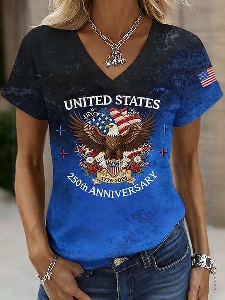 

Casual Gradient Pattern V Neck Short Sleeve T-shirt, Blue, T-shirts