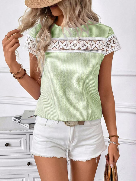 

Casual Striped Crew Neck Short Sleeve T-shirt, Aqua, Blouses