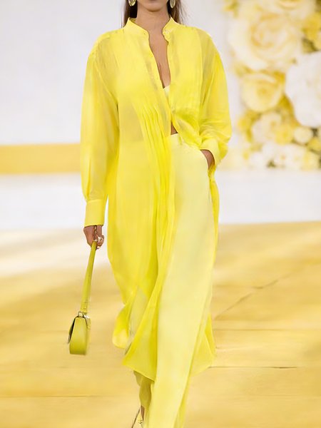 

Cotton And Linen Casual Plain Shirt Collar Shirt, Yellow, Blouses and Shirts