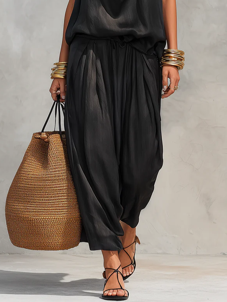 Cotton Vacation Plain Ankle Banded Pants