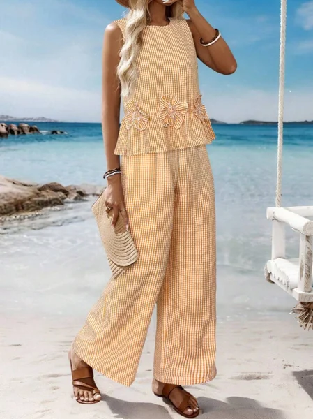 

Women Plaid Two-Piece Set Daily Sleeveless Casual Summer Top With Pants Matching Set, Orange, Sets