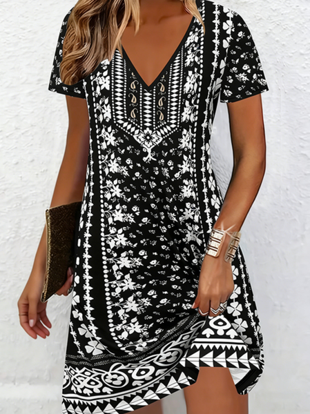 Women Ethnic Summer Printing Dress V Neck Short Sleeve T-Shirt Dress H-Line Dress