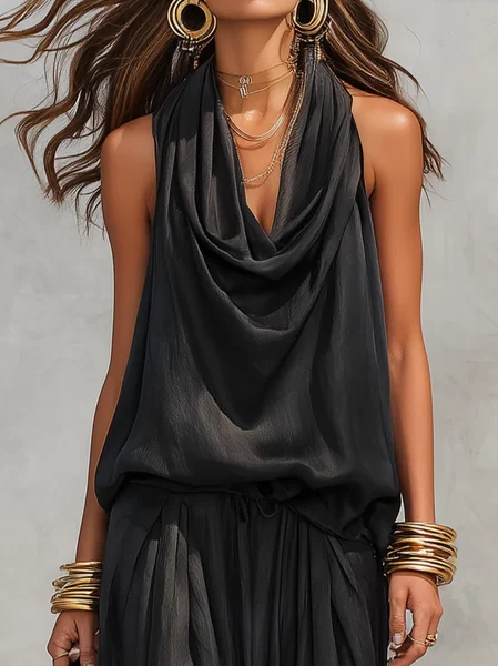 

Cotton Vacation Plain Cowl Neck Tank Top, Black, Tanks and Camis