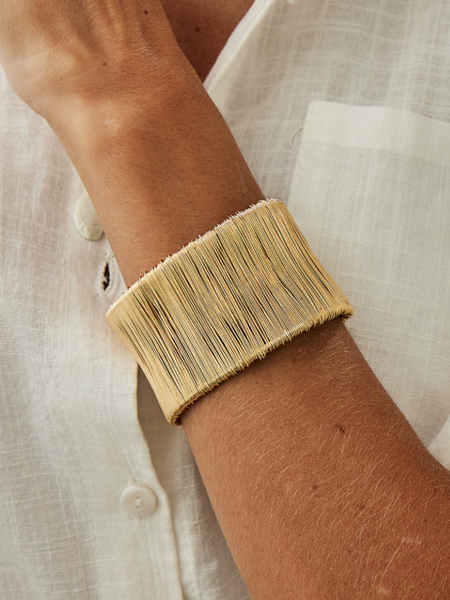 Multi-layered Wound Wire Wide-opening Bracelet With Striped Cross Spring Design