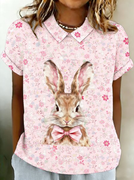 

Casual 3D Printing Shawl Collar Short Sleeve T-shirt, Pink, T-shirts