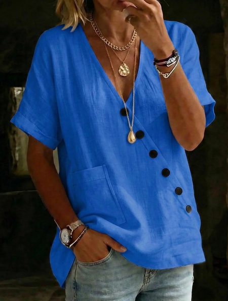 

V Neck Short Sleeve Plain Regular Regular Fit Shirt For Women, Blue, Shirts