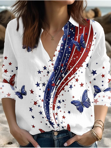 

Shirt Collar Long Sleeve America Flag Lightweight Regular Fit Shirt For Women, White, Shirts