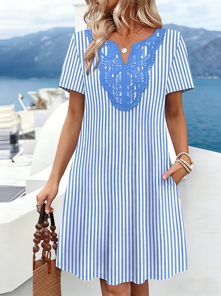 Women Striped Summer Dress V Neck Short Sleeve Fit & Flare Dress A-Line Dress