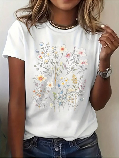 

Casual Floral Crew Neck Short Sleeve T-shirt, White, T-shirts