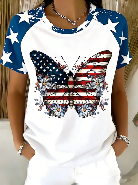 

Elegant Butterfly V Neck Short Sleeve T-shirt, White, T-shirts