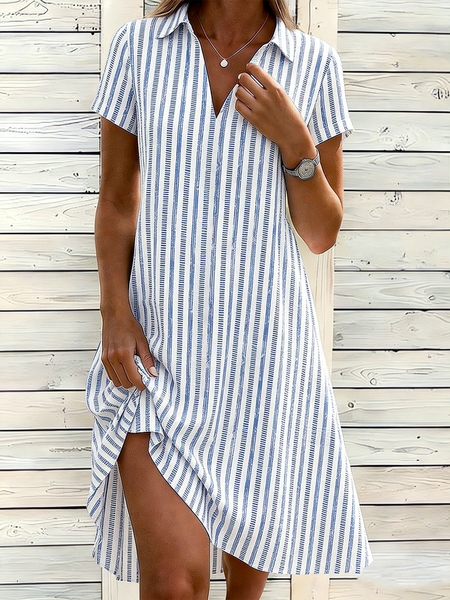 Women Striped All Season Dress Shawl Collar Short Sleeve Shirt Dress A-Line Dress