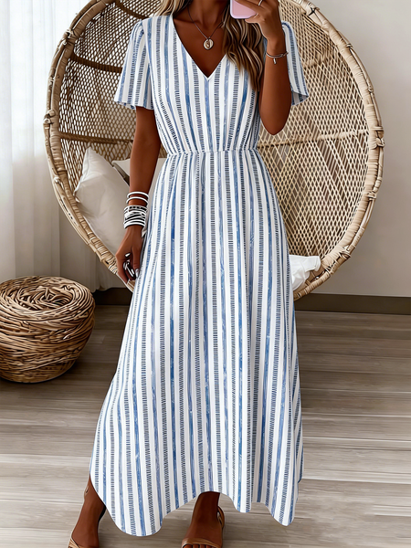 Women Striped Summer Dress V Neck Short Sleeve A-Line Dress