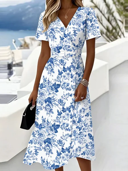 

Women Floral Summer Dress V Neck Short Sleeve Fit & Flare Dress A-Line Dress, Blue, Dresses