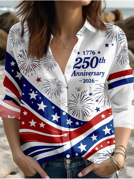 

Shirt Collar Long Sleeve America Flag Lightweight Regular Fit Shirt For Women, White, Shirts