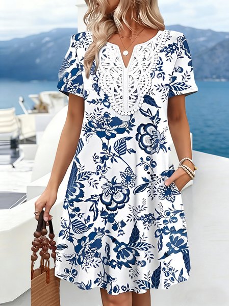 Women Floral Summer Dress V Neck Short Sleeve Fit & Flare Dress A-Line Dress