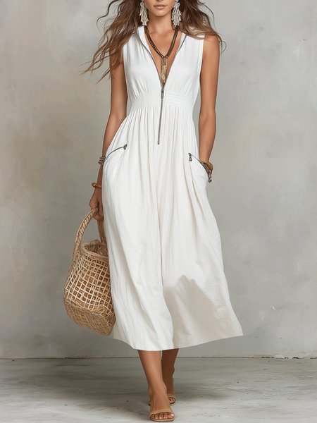 

Urban Plain Zipper Shawl Collar Midi Dress, White, Midi Dresses