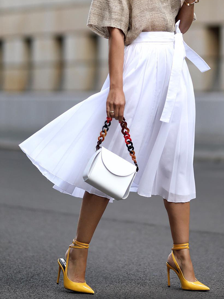 

Casual Plain Knee Length Skirt With Belt, White, Skirts