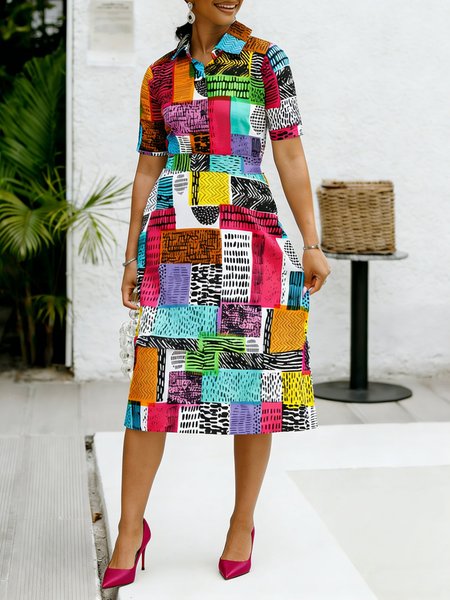 

Vacation Random Print Printing Lapel Collar Midi Dress, As picture, Midi Dresses