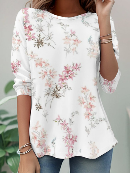 

Casual Floral Crew Neck Long Sleeve T-shirt, White, T-shirts