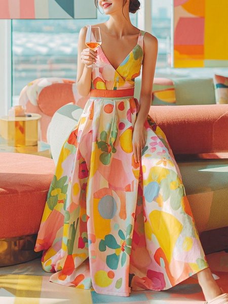 

Elegant Floral Printing V Neck Maxi Dress, As picture, Maxi Dresses