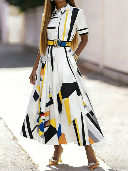 Urban Abstract Geometry Shirt Collar Maxi Dress With Belt