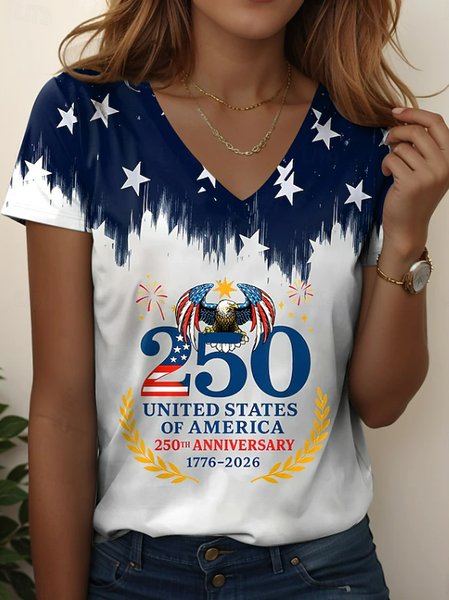 Vintage Text Letters V Neck Short Sleeve T-shirt