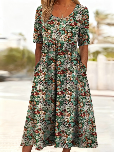 

Women Floral Summer Printing Dress Crew Neck Short Sleeve Shift Dress H-Line Dress, As picture, Dresses
