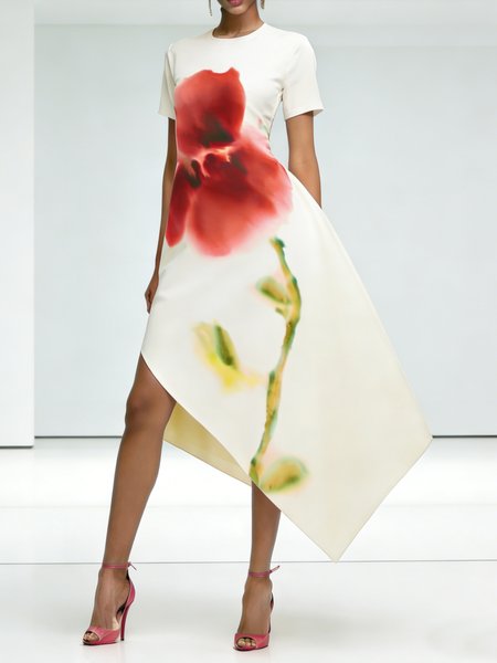 

Elegant Floral Asymmetric Crew Neck Midi Dress, As picture, Midi Dresses