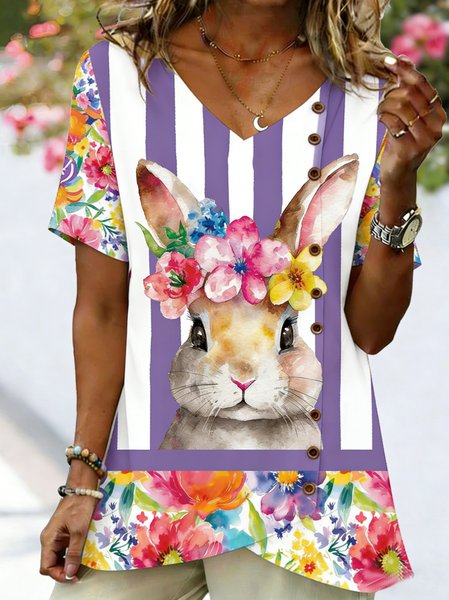 

V Neck Short Sleeve 3D Printing Regular Loose Shirt For Women, As picture, T-shirts