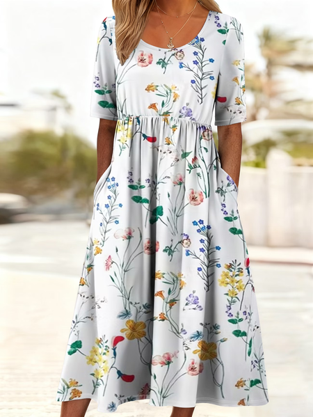 

Women Floral Summer Printing Dress Crew Neck Short Sleeve Shift Dress H-Line Dress, White, Dresses