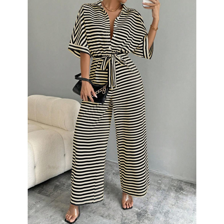 

Women Striped Shawl Collar Short Sleeve Casual Summer Jumpsuit, Apricot, Jumpsuits&Rompers