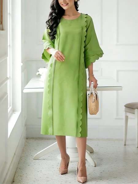 

Elegant Plain Bell Sleeve Devore Midi Dress, Green, Midi Dresses